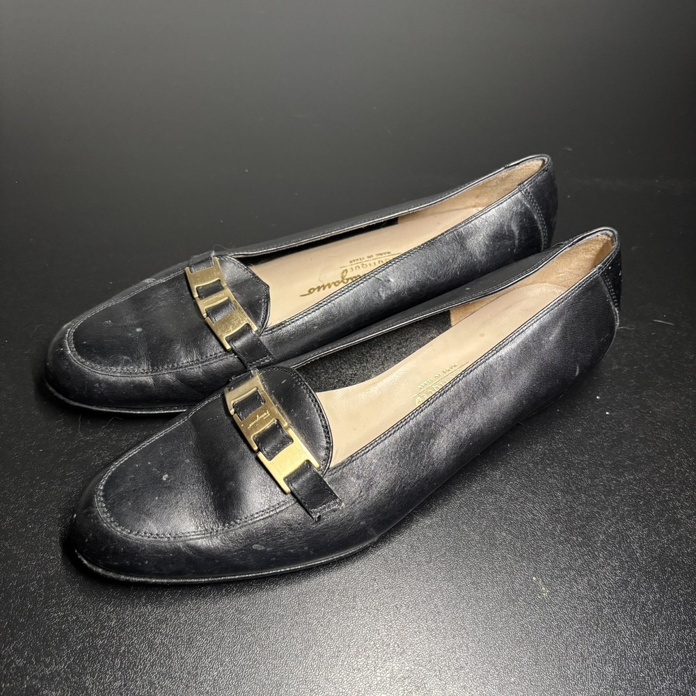Salvatore Ferragamo Boutique Womens Black Leather‎ Mule Loafer Gold Size 8B